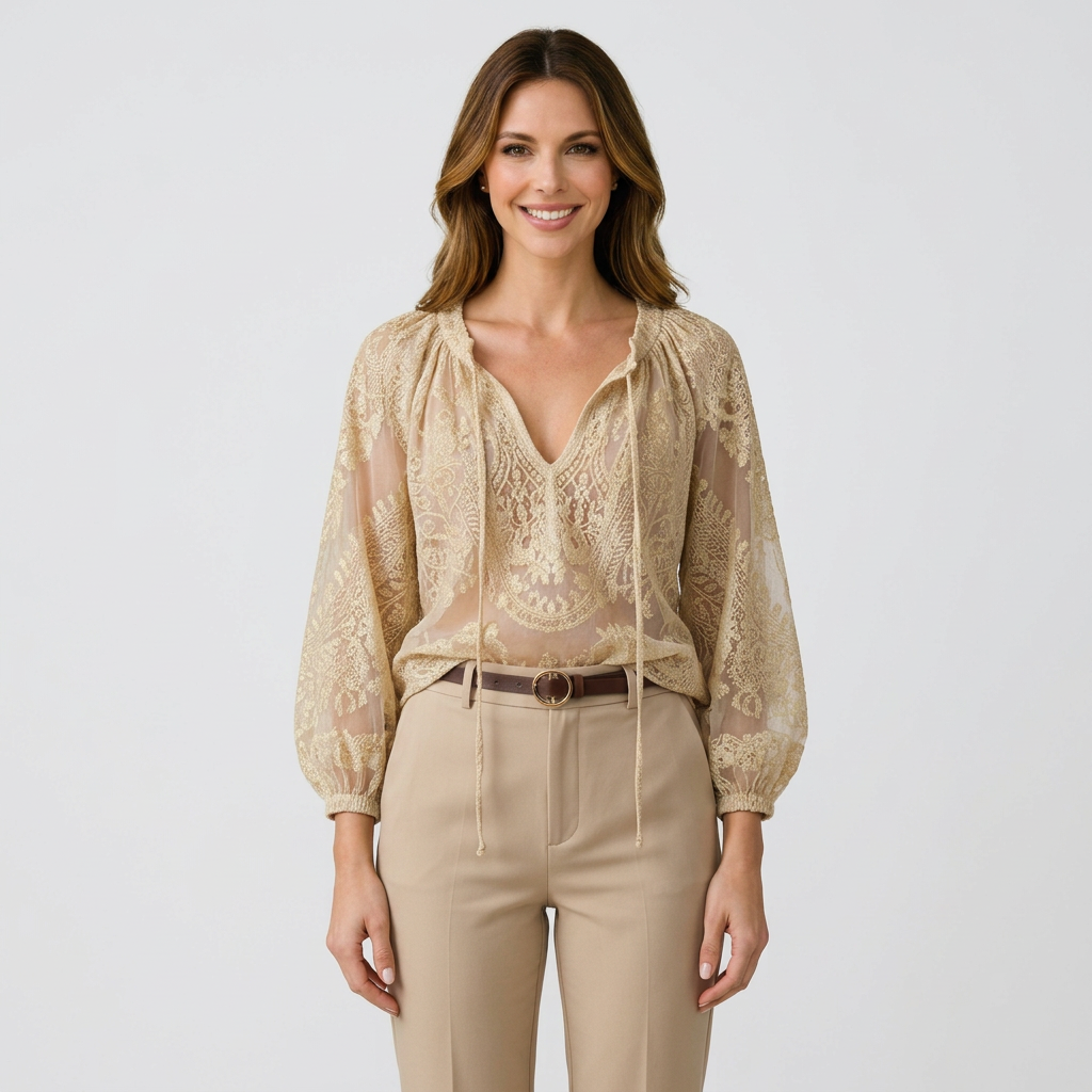 Women’s Long Sleeve Blouse Lace Detail – Relaxed Everyday Top