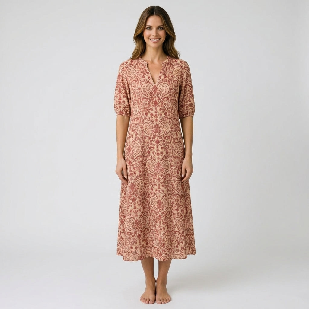 Women’s Floral Maxi Dress V Neck – Three Quarter Sleeve Casual Dress
