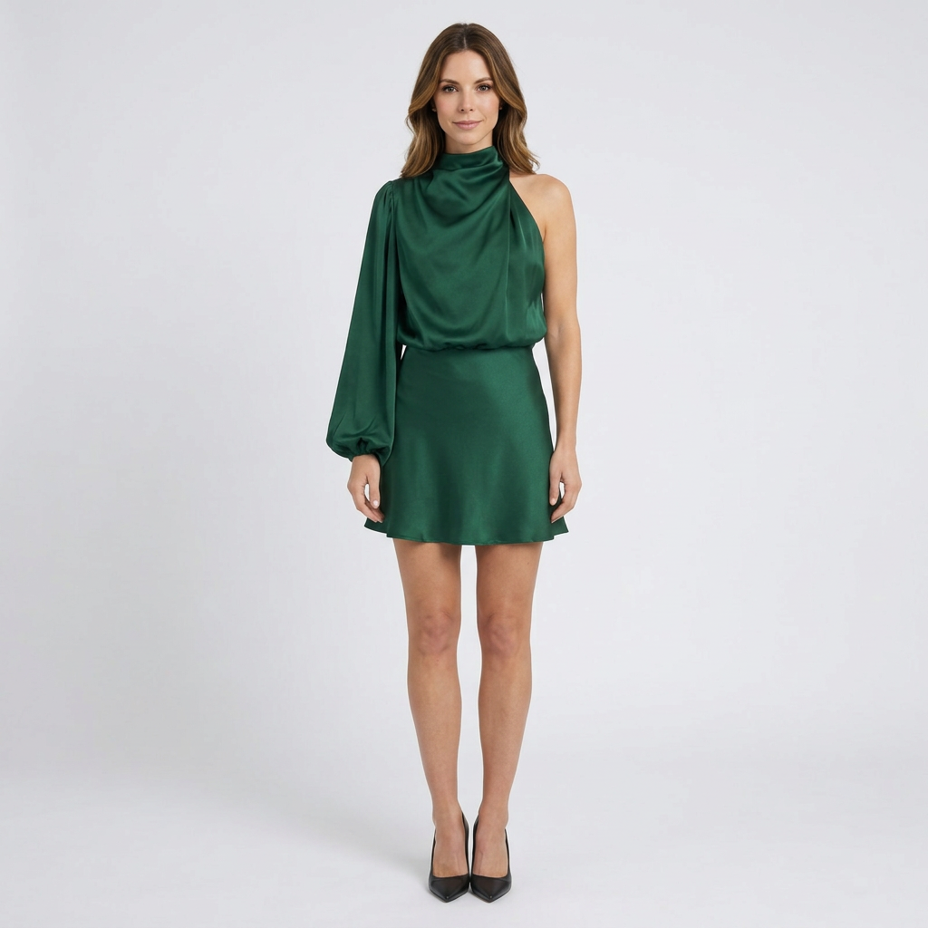 Women’s One Shoulder Mini Dress Satin Finish – Long Sleeve Occasion Dress