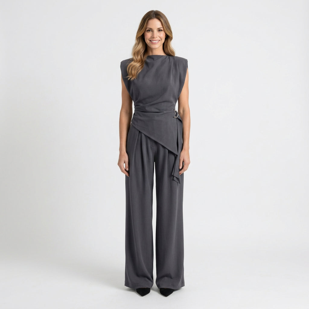 Women’s Wide Leg Jumpsuit Belted Waist – Sleeveless Occasion One Piece