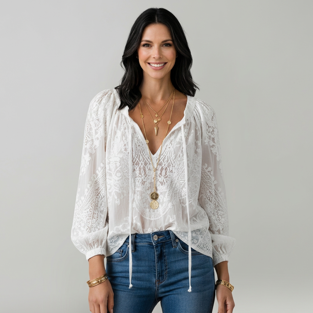 Women’s Long Sleeve Blouse Lace Detail – Relaxed Everyday Top