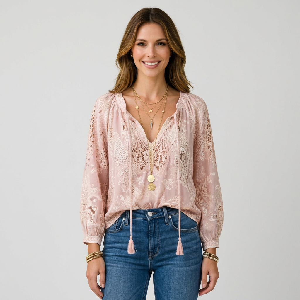 Women’s Long Sleeve Blouse Lace Detail – Relaxed Everyday Top