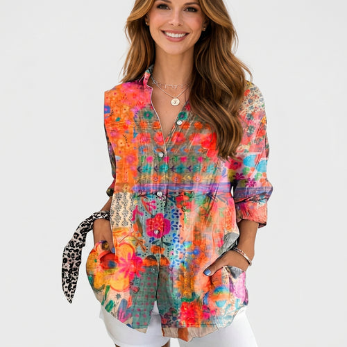 Abstract Print Button Front Blouse Women