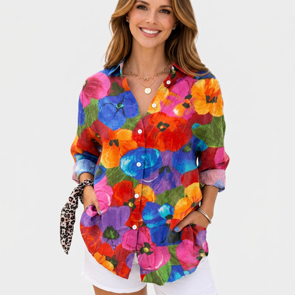 Abstract Print Button Front Blouse Women