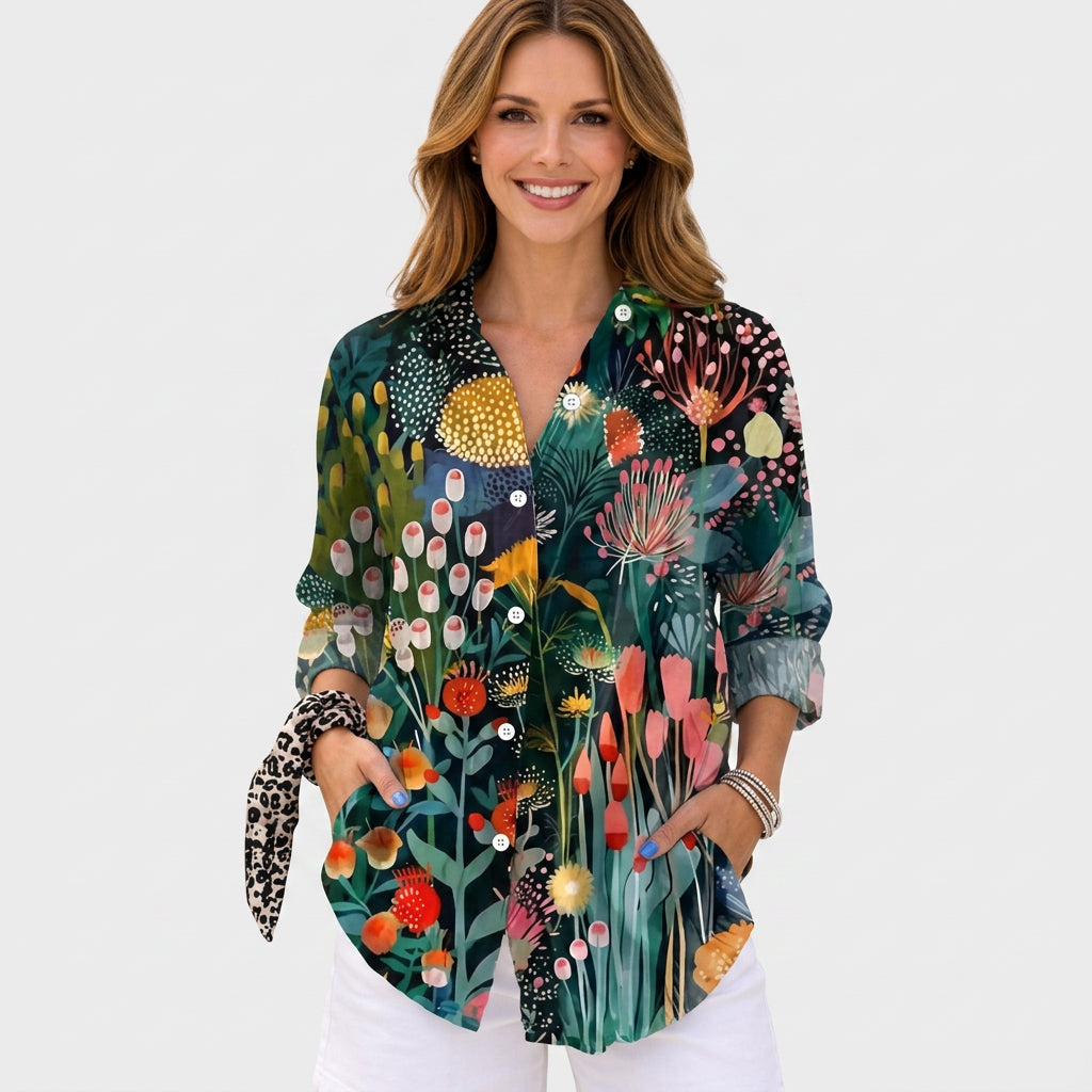 Abstract Print Button Front Blouse Women