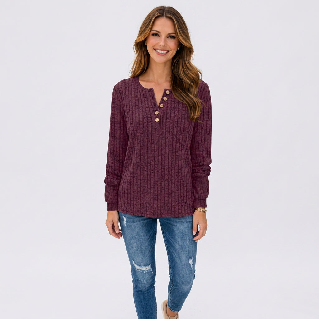 Ribbed Button Neck Sweater Women