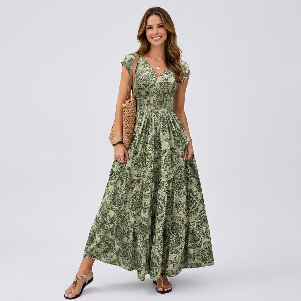 Printed V Neck Maxi Dress