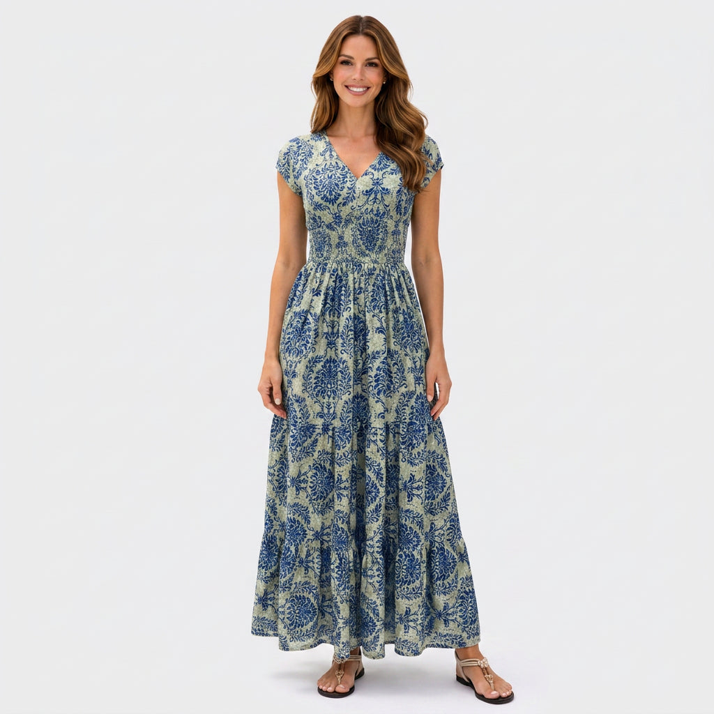Printed V Neck Maxi Dress