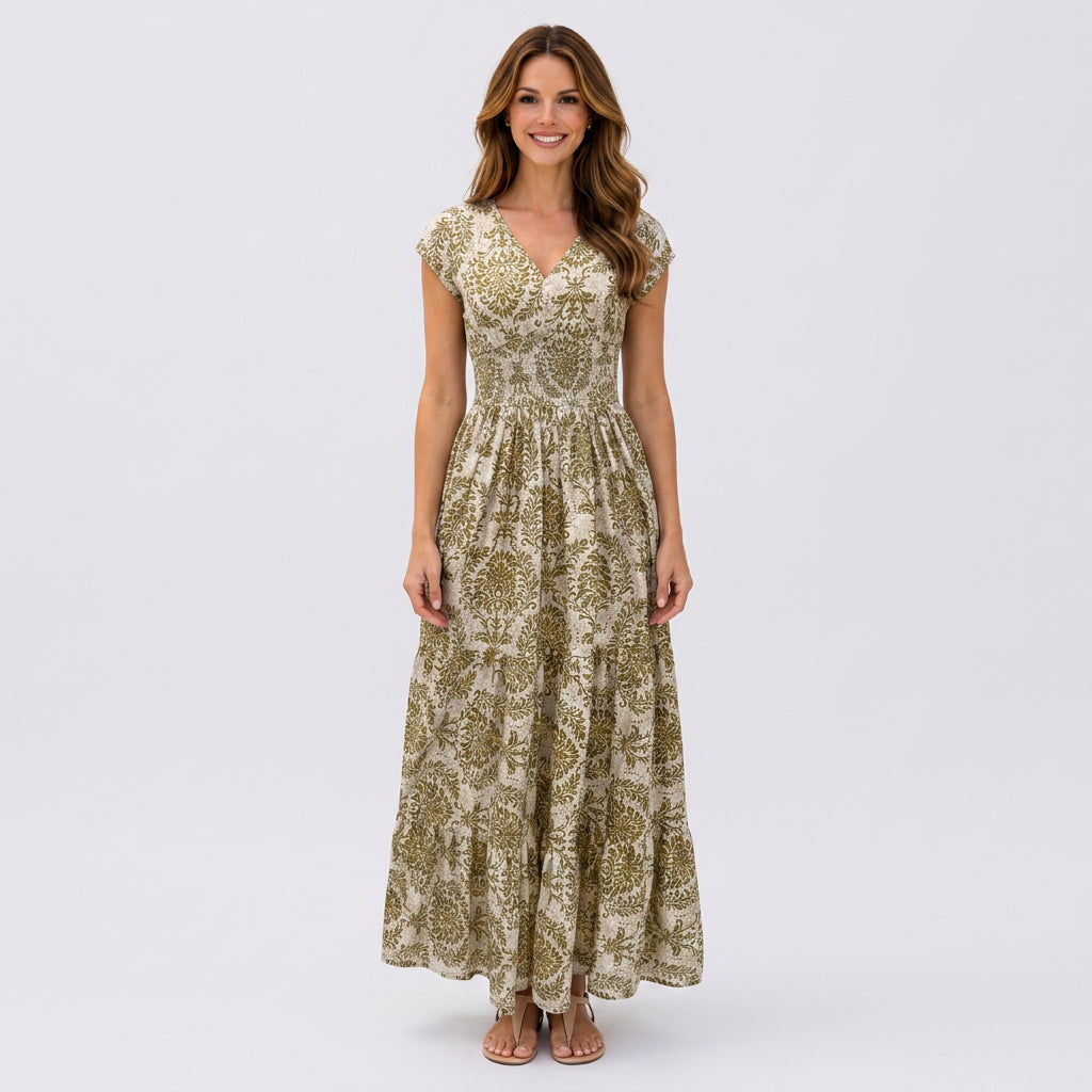 Printed V Neck Maxi Dress