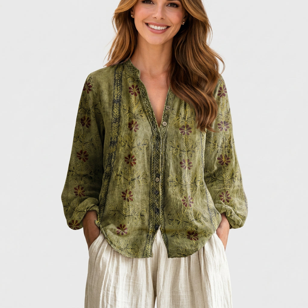 Printed V Neck Long Sleeve Blouse Women