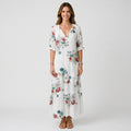 Women’s Floral Maxi Dress V Neck – Three Quarter Sleeve Casual Dress