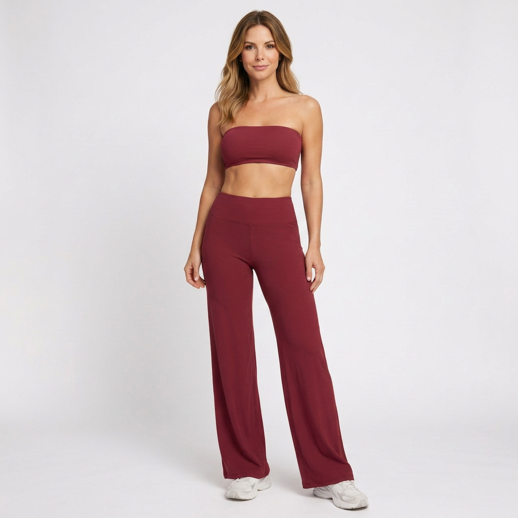 Women’s Two Piece Lounge Set Strapless Top – Wide Leg Matching Outfit