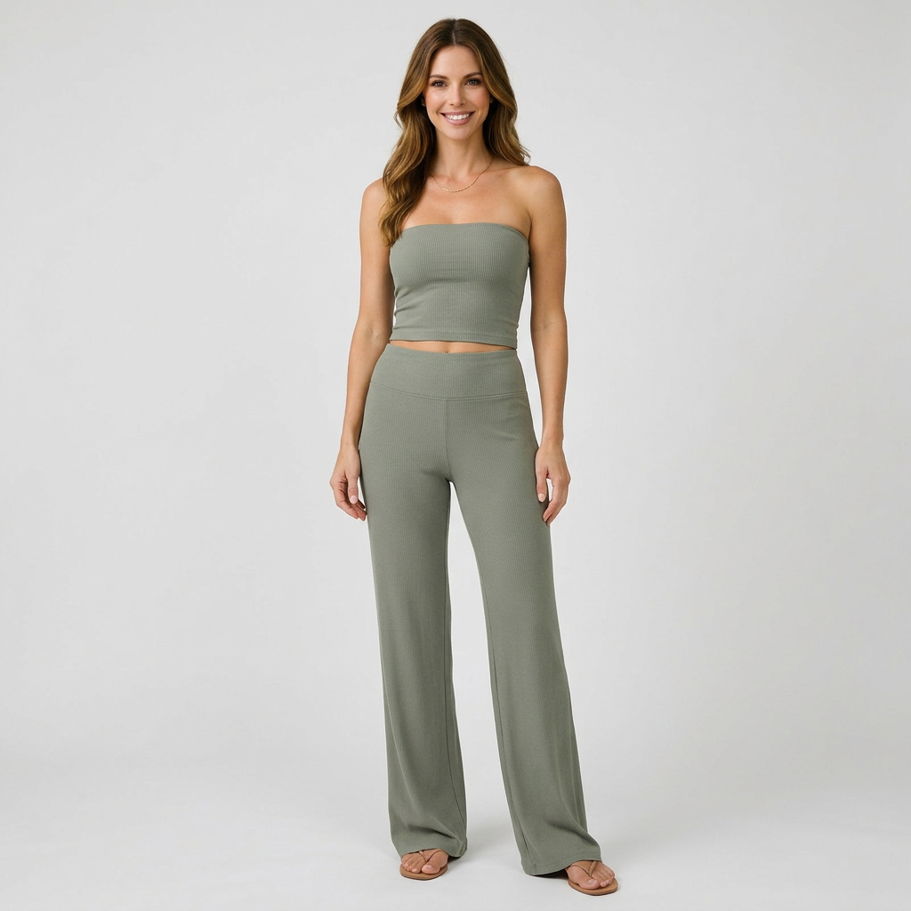 Women’s Two Piece Lounge Set Strapless Top – Wide Leg Matching Outfit