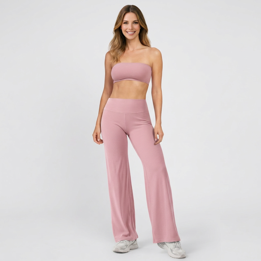 Women’s Two Piece Lounge Set Strapless Top – Wide Leg Matching Outfit