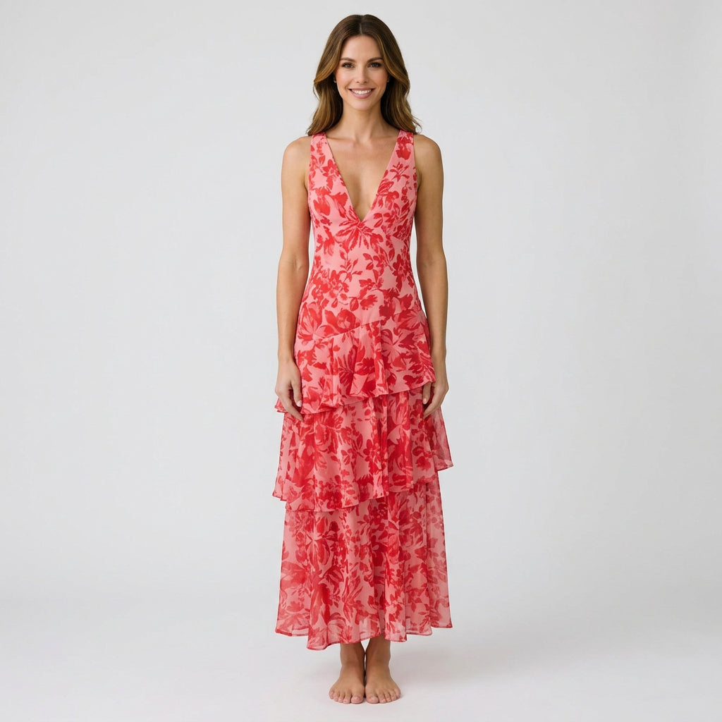 Women’s Floral Tiered Maxi Dress V Neck – Sleeveless Occasion Dress