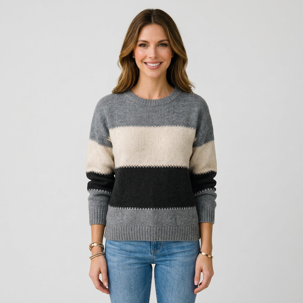 Women’s Color Block Sweater Crew Neck – Long Sleeve Casual Knit Top