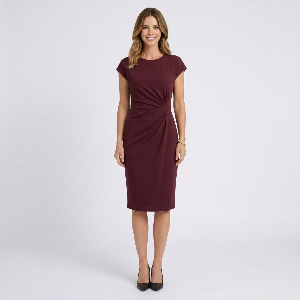 Women’s Ruched Midi Dress Crew Neck – Short Sleeve Everyday Dress