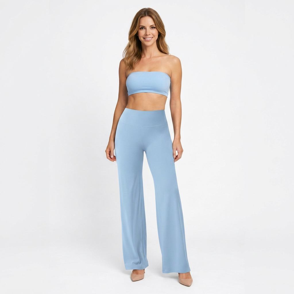 Women’s Two Piece Lounge Set Strapless Top – Wide Leg Matching Outfit