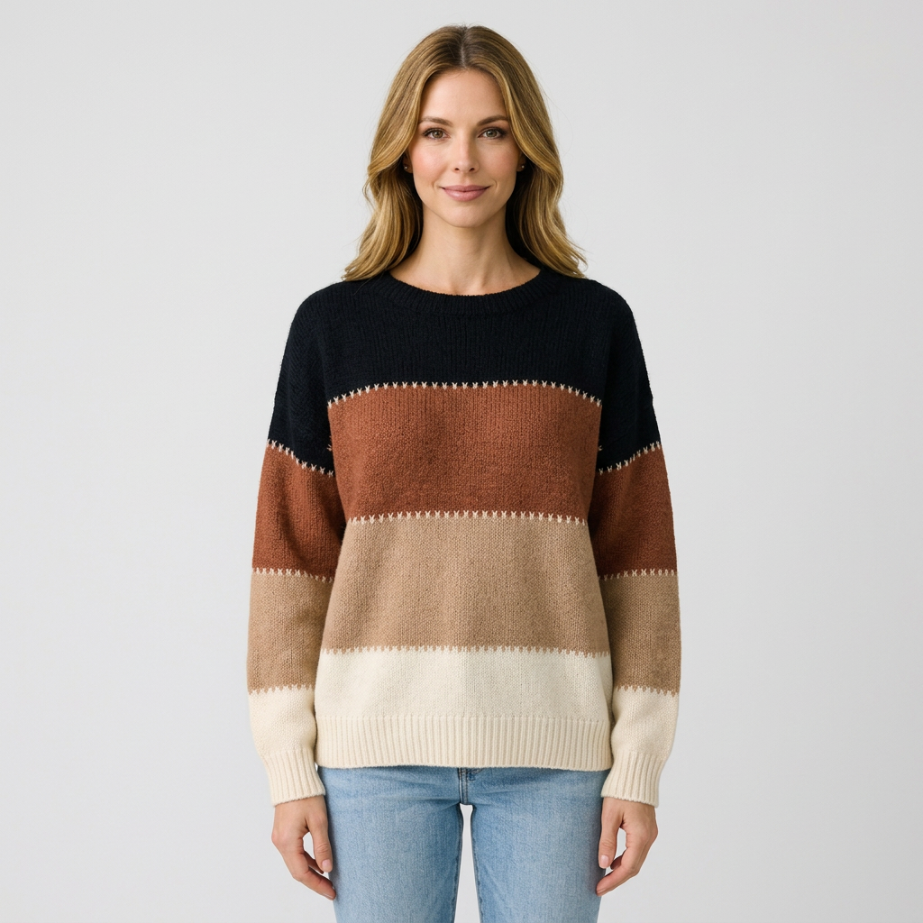 Women’s Color Block Sweater Crew Neck – Long Sleeve Casual Knit Top