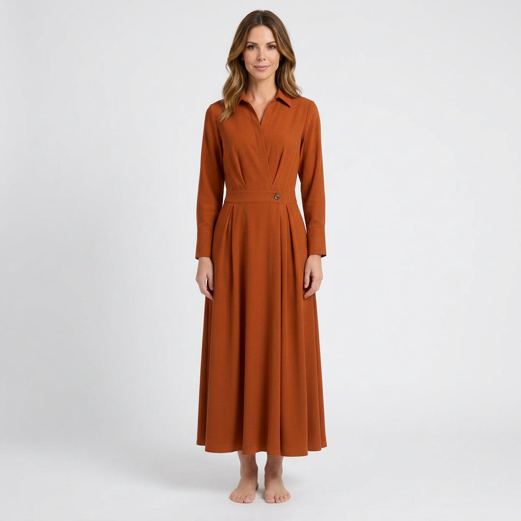 Women’s Maxi Shirt Dress Pleated Waist – Long Sleeve Occasion Dress