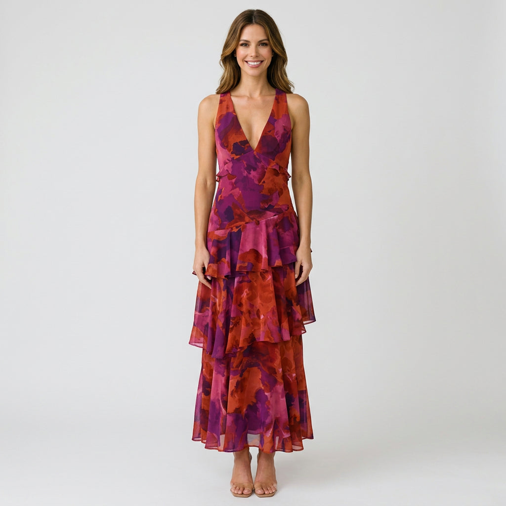 Women’s Floral Tiered Maxi Dress V Neck – Sleeveless Occasion Dress