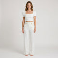 Women’s Two Piece Pants Set Square Neck – Puff Sleeve Crop Top Outfit