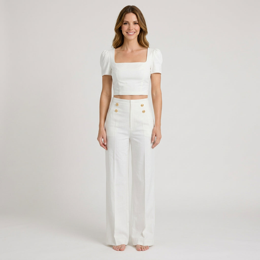 Women’s Two Piece Pants Set Square Neck – Puff Sleeve Crop Top Outfit