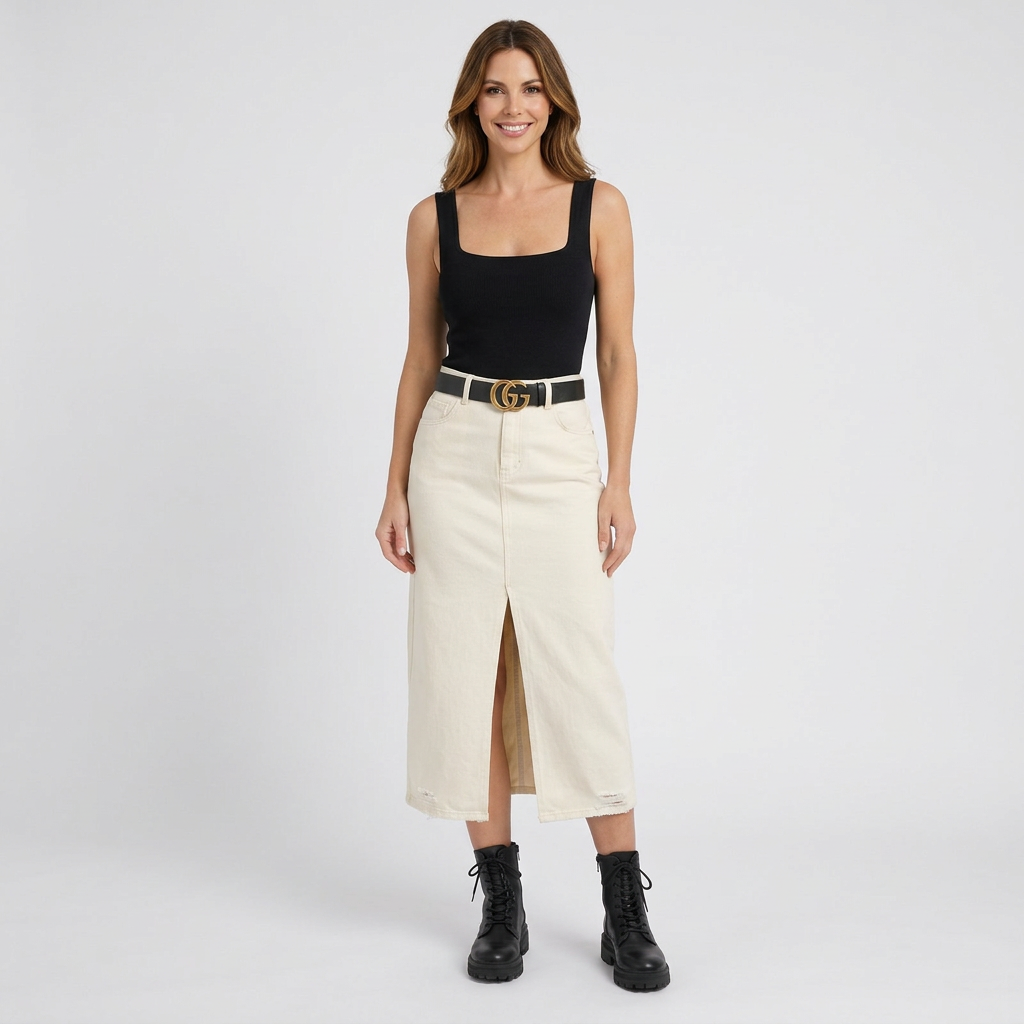 Women’s Denim Midi Skirt Front Slit – High Waist Casual Skirt