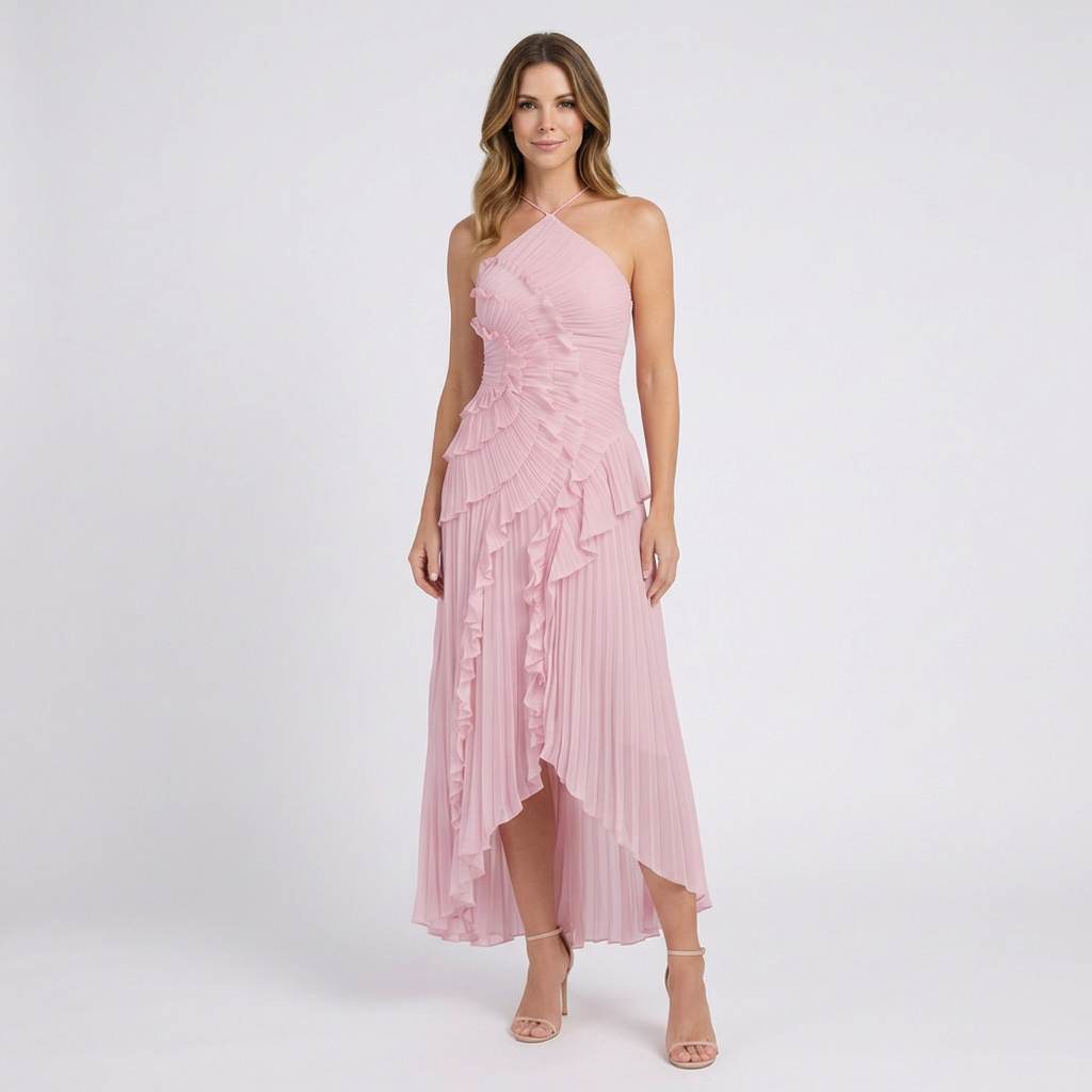 Women’s Pleated Halter Midi Dress Ruffle Detail – Elegant Occasion Dress