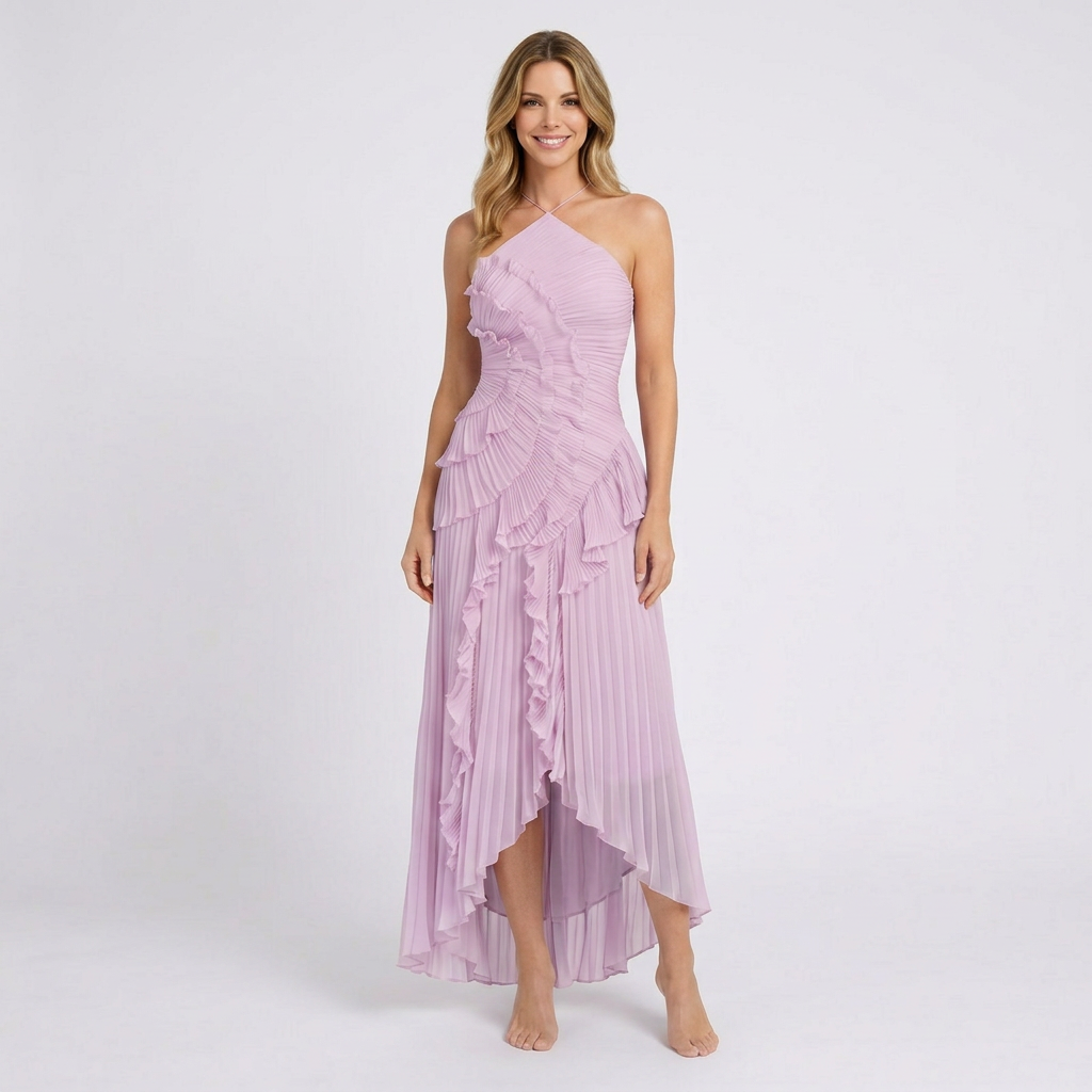 Women’s Pleated Halter Midi Dress Ruffle Detail – Elegant Occasion Dress