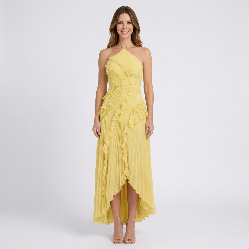 Women’s Pleated Halter Midi Dress Ruffle Detail – Elegant Occasion Dress