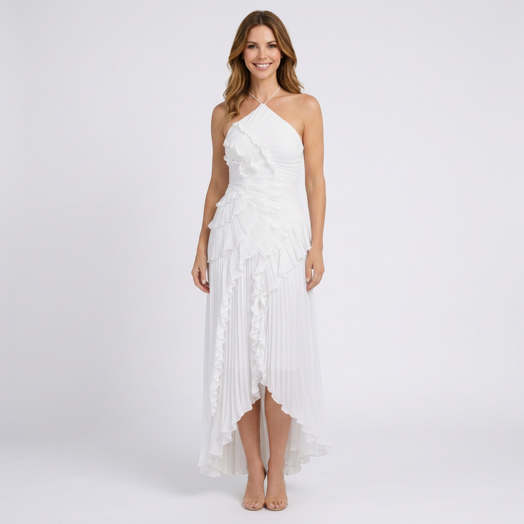 Women’s Pleated Halter Midi Dress Ruffle Detail – Elegant Occasion Dress