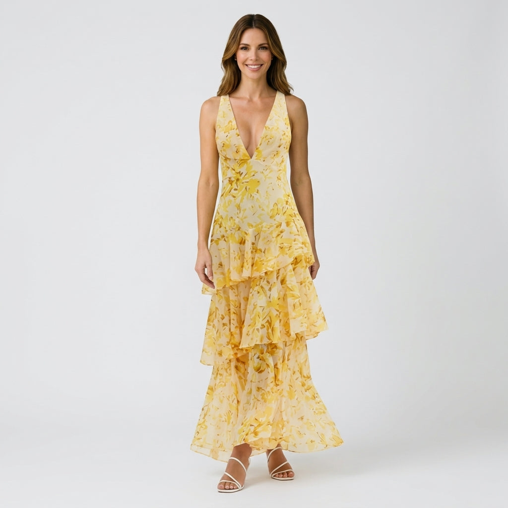 Women’s Floral Tiered Maxi Dress V Neck – Sleeveless Occasion Dress