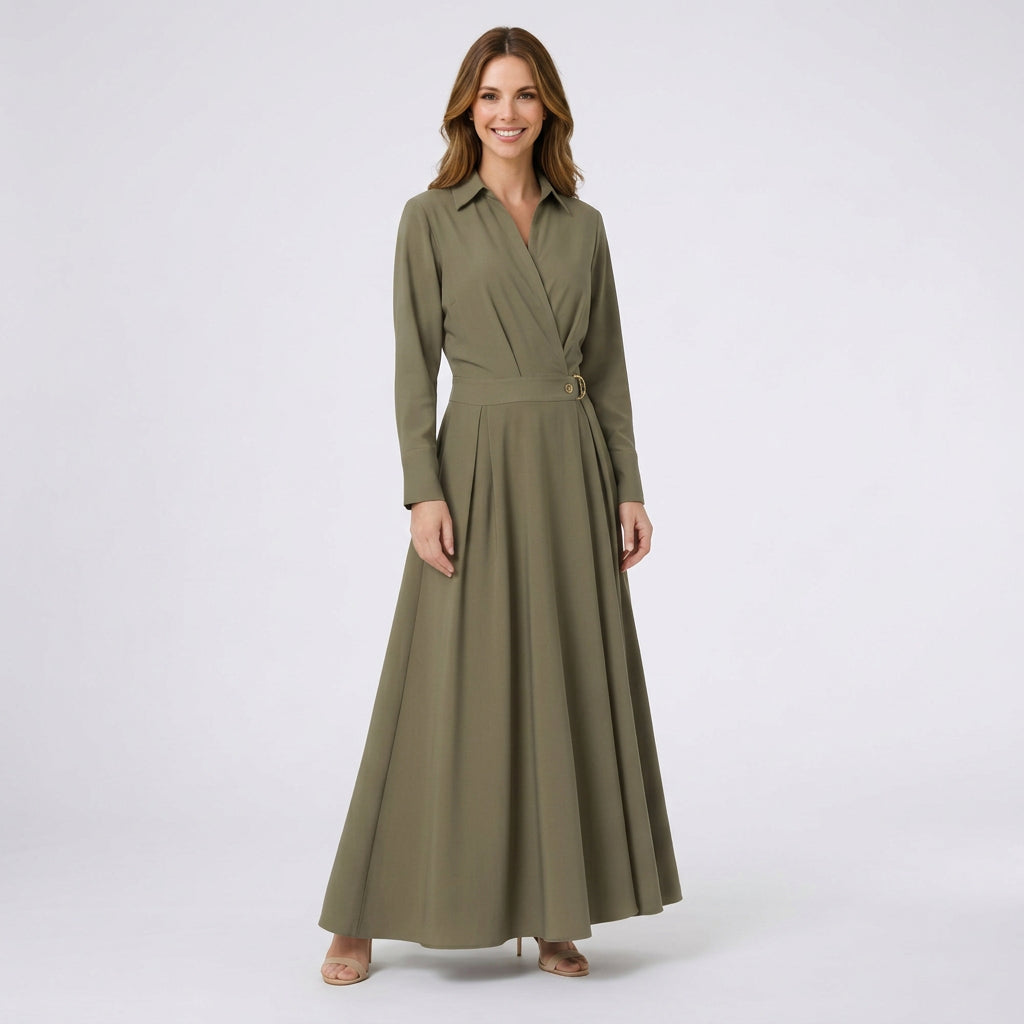 Women’s Maxi Shirt Dress Pleated Waist – Long Sleeve Occasion Dress