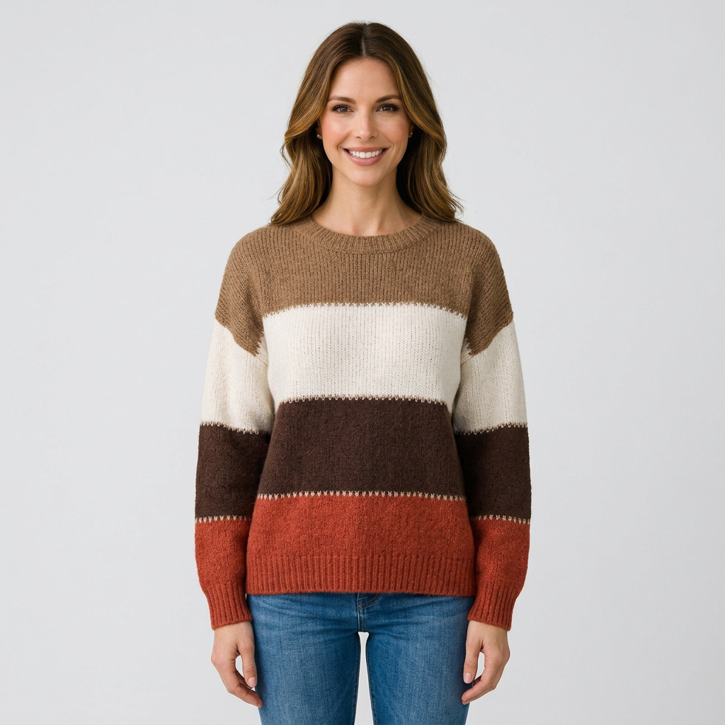 Women’s Color Block Sweater Crew Neck – Long Sleeve Casual Knit Top