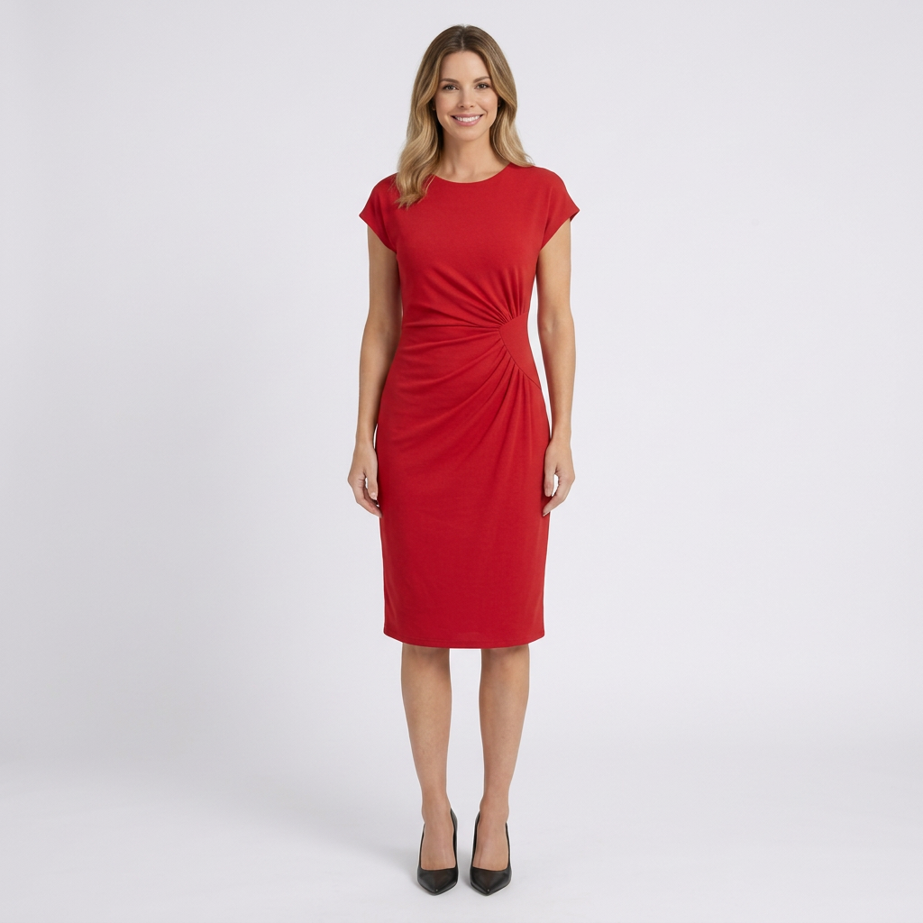 Women’s Ruched Midi Dress Crew Neck – Short Sleeve Everyday Dress