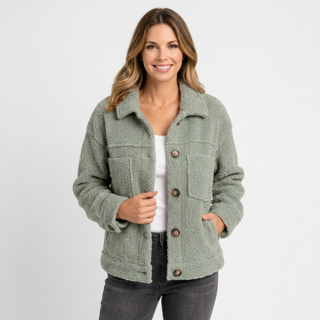Women’s Teddy Jacket Button Front – Cozy Casual Fleece Coat