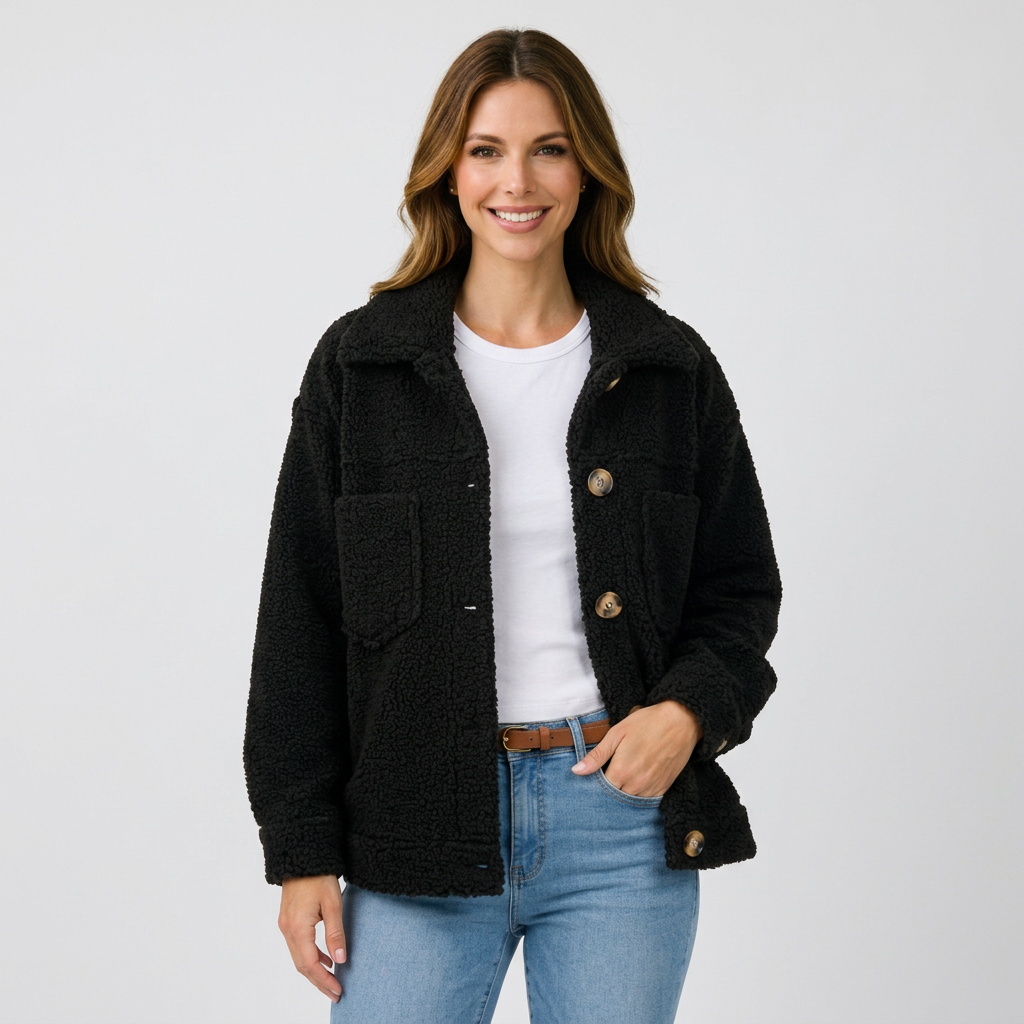 Women’s Teddy Jacket Button Front – Cozy Casual Fleece Coat