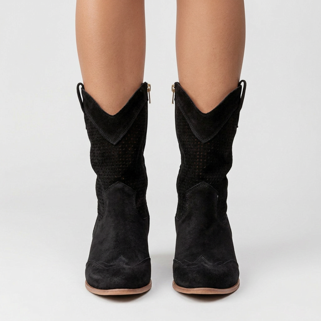 Women’s Mid Calf Cowboy Boots Perforated Detail – Block Heel Western Boots