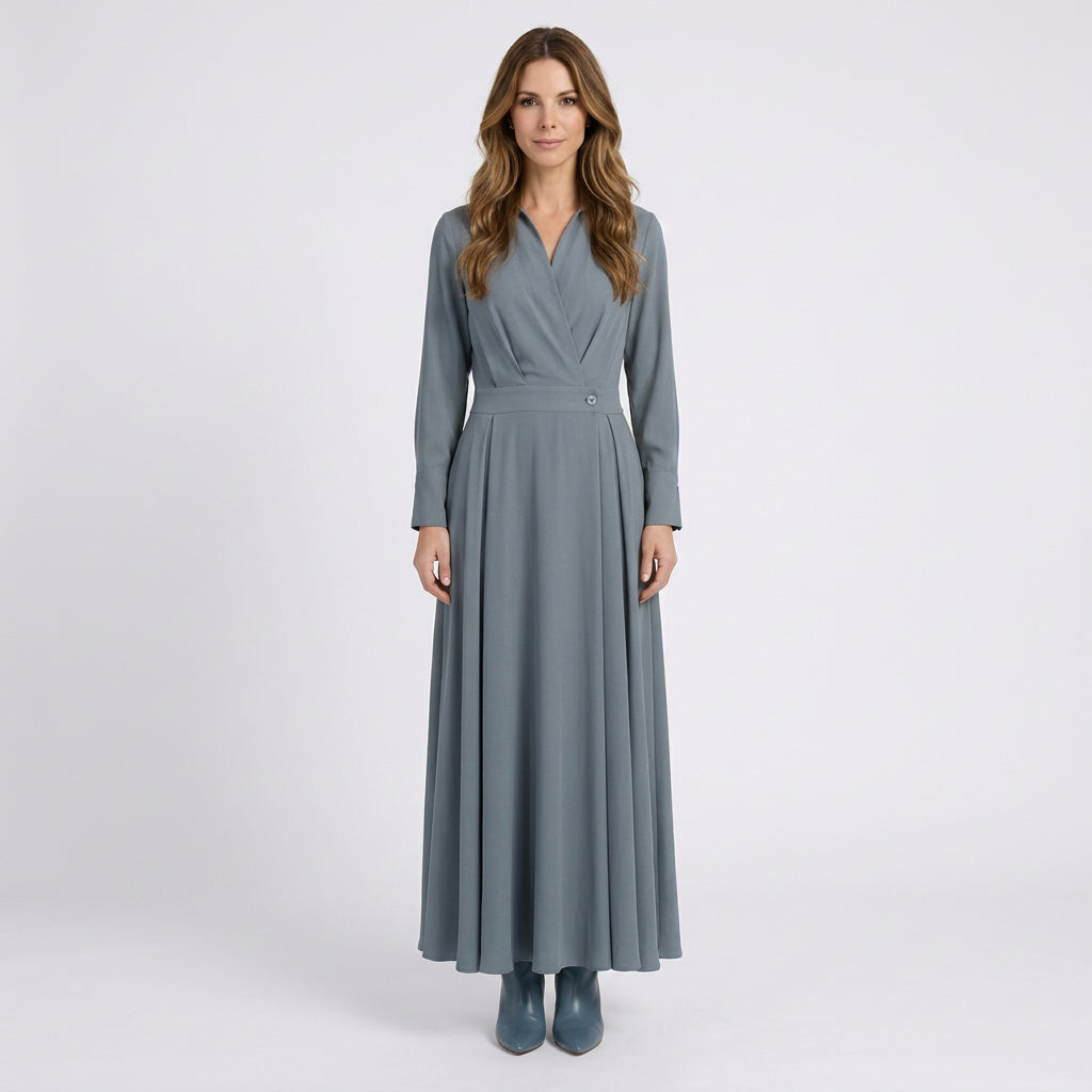 Women’s Maxi Shirt Dress Pleated Waist – Long Sleeve Occasion Dress