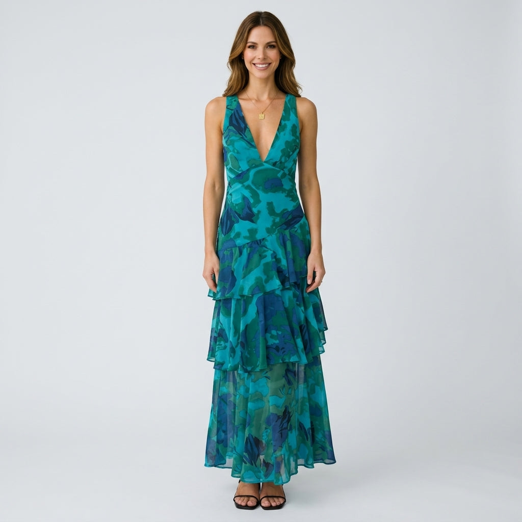 Women’s Floral Tiered Maxi Dress V Neck – Sleeveless Occasion Dress