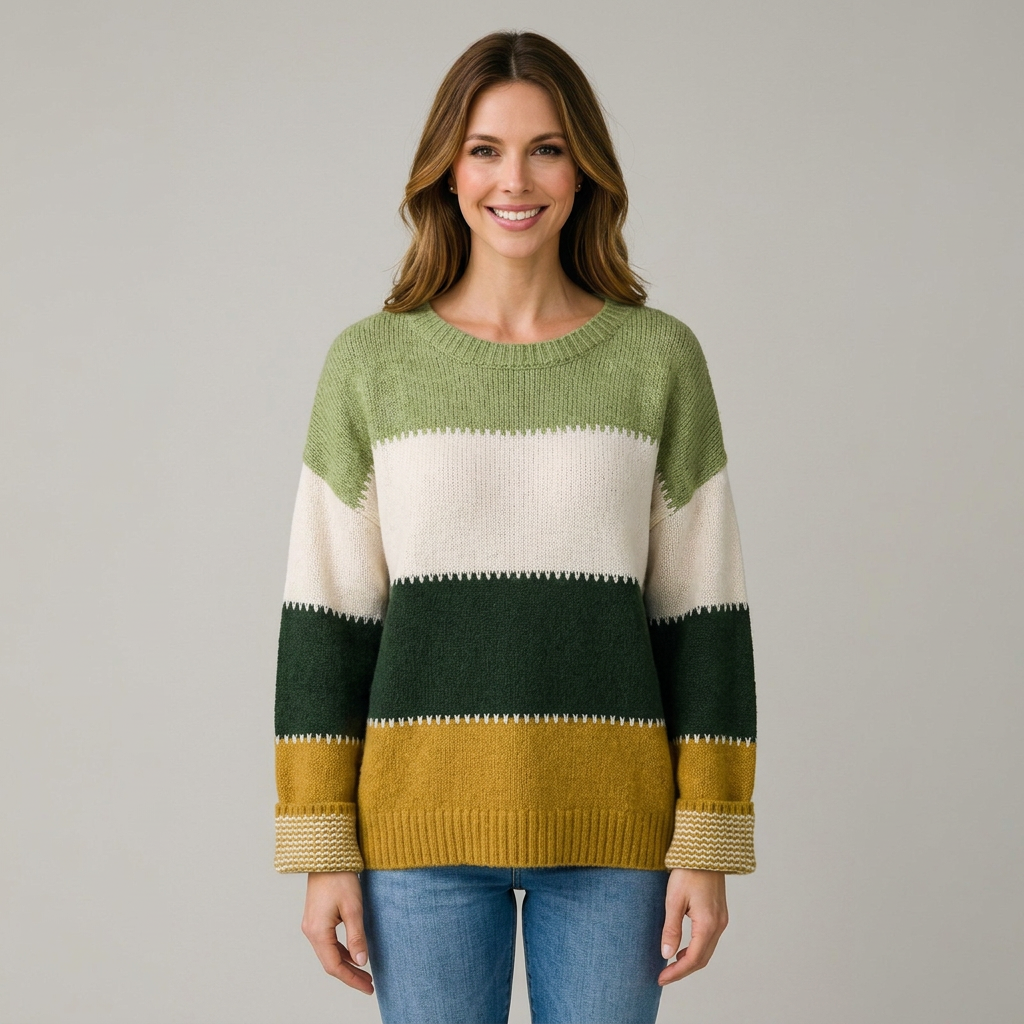 Women’s Color Block Sweater Crew Neck – Long Sleeve Casual Knit Top