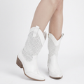 Women’s Mid Calf Cowboy Boots Perforated Detail – Block Heel Western Boots