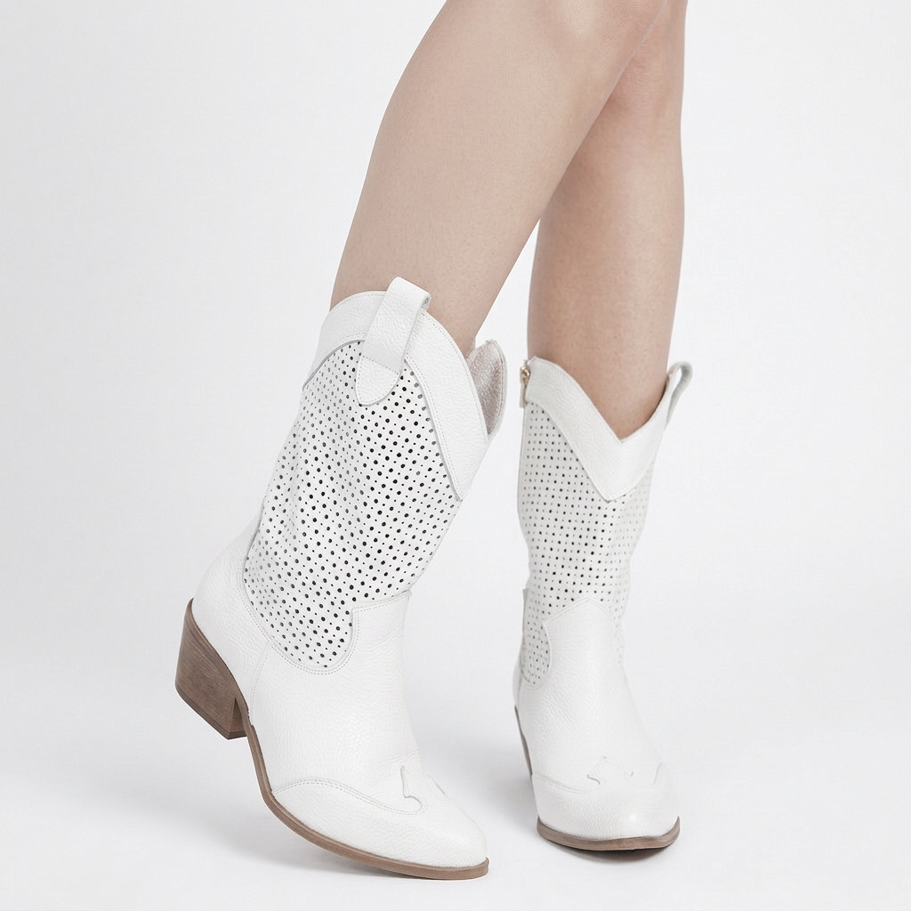 Women’s Mid Calf Cowboy Boots Perforated Detail – Block Heel Western Boots