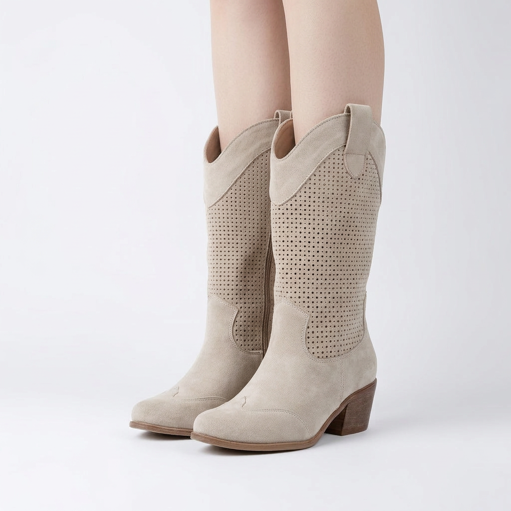 Women’s Mid Calf Cowboy Boots Perforated Detail – Block Heel Western Boots