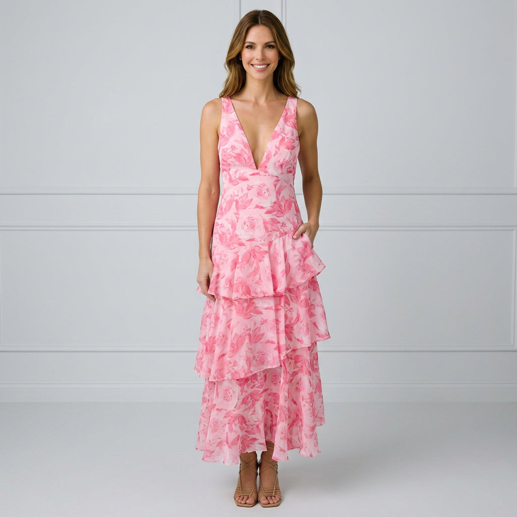 Women’s Floral Tiered Maxi Dress V Neck – Sleeveless Occasion Dress