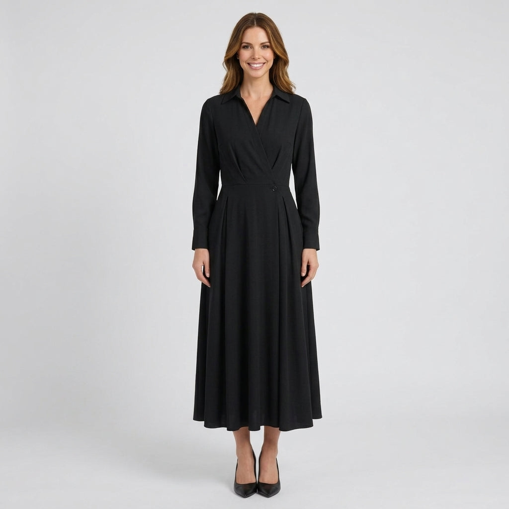 Women’s Maxi Shirt Dress Pleated Waist – Long Sleeve Occasion Dress
