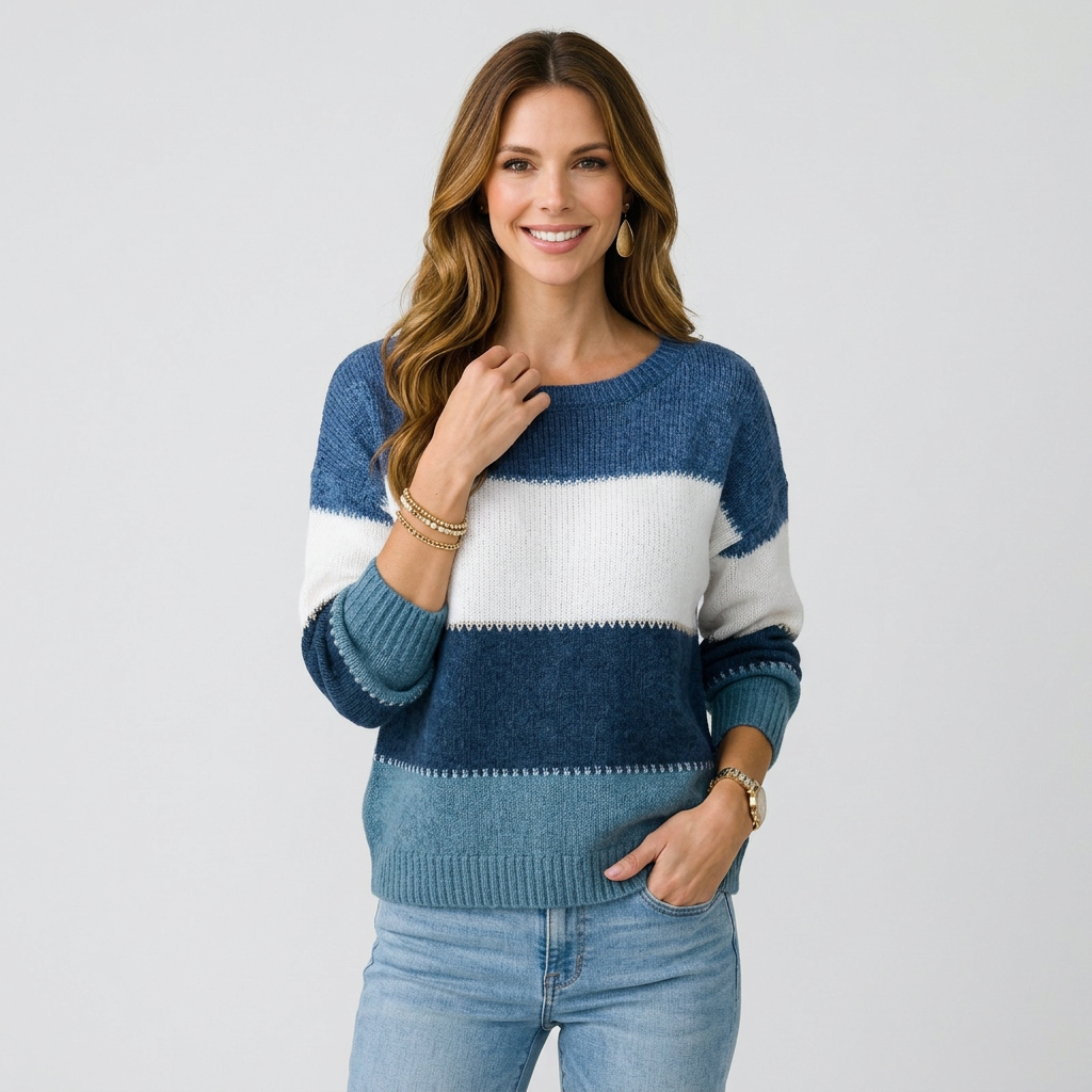 Women’s Color Block Sweater Crew Neck – Long Sleeve Casual Knit Top