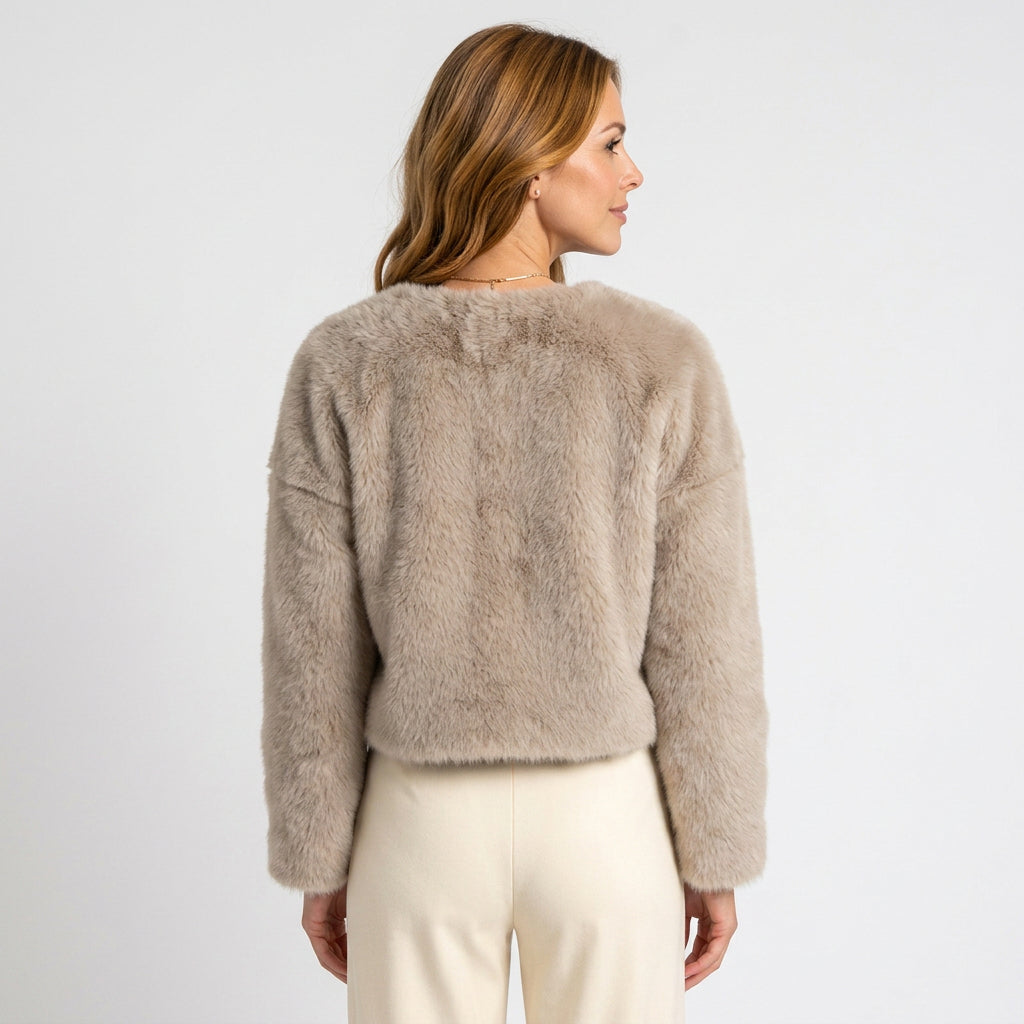 Women Beige Faux Fur Cropped Jacket