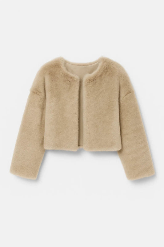 Women Beige Faux Fur Cropped Jacket